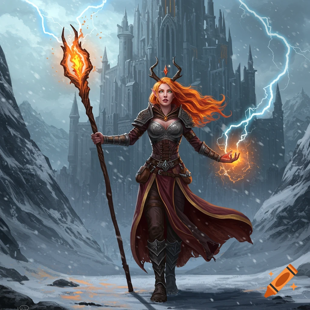 Female sorceress with fiery staff casting lightning spell before a snowy castle.