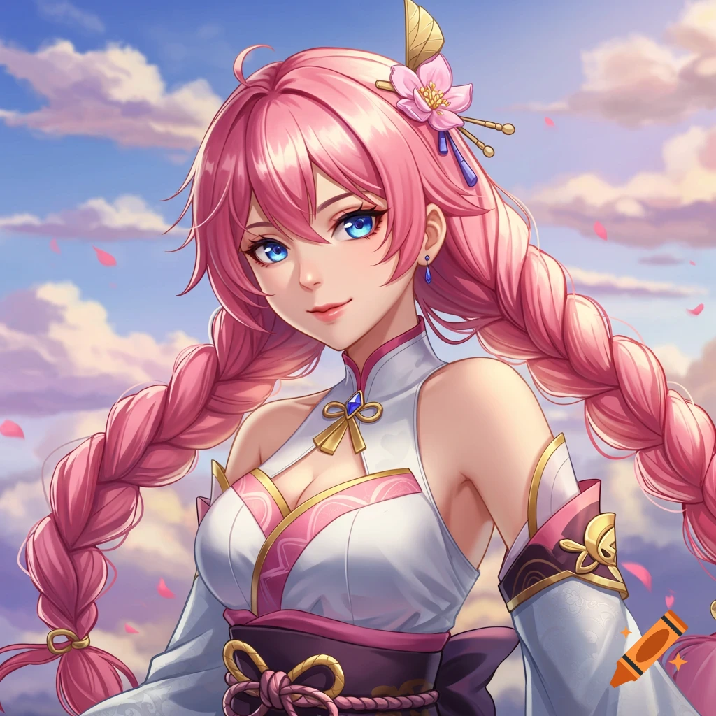 Anime portrait of a woman with pink braided hair smiling.