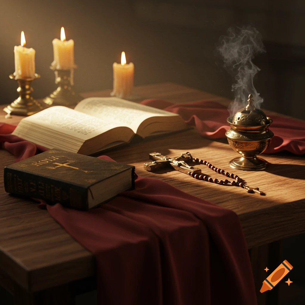 Still life with Christian religious items including open Bible, crucifix, rosary, censer, candles.