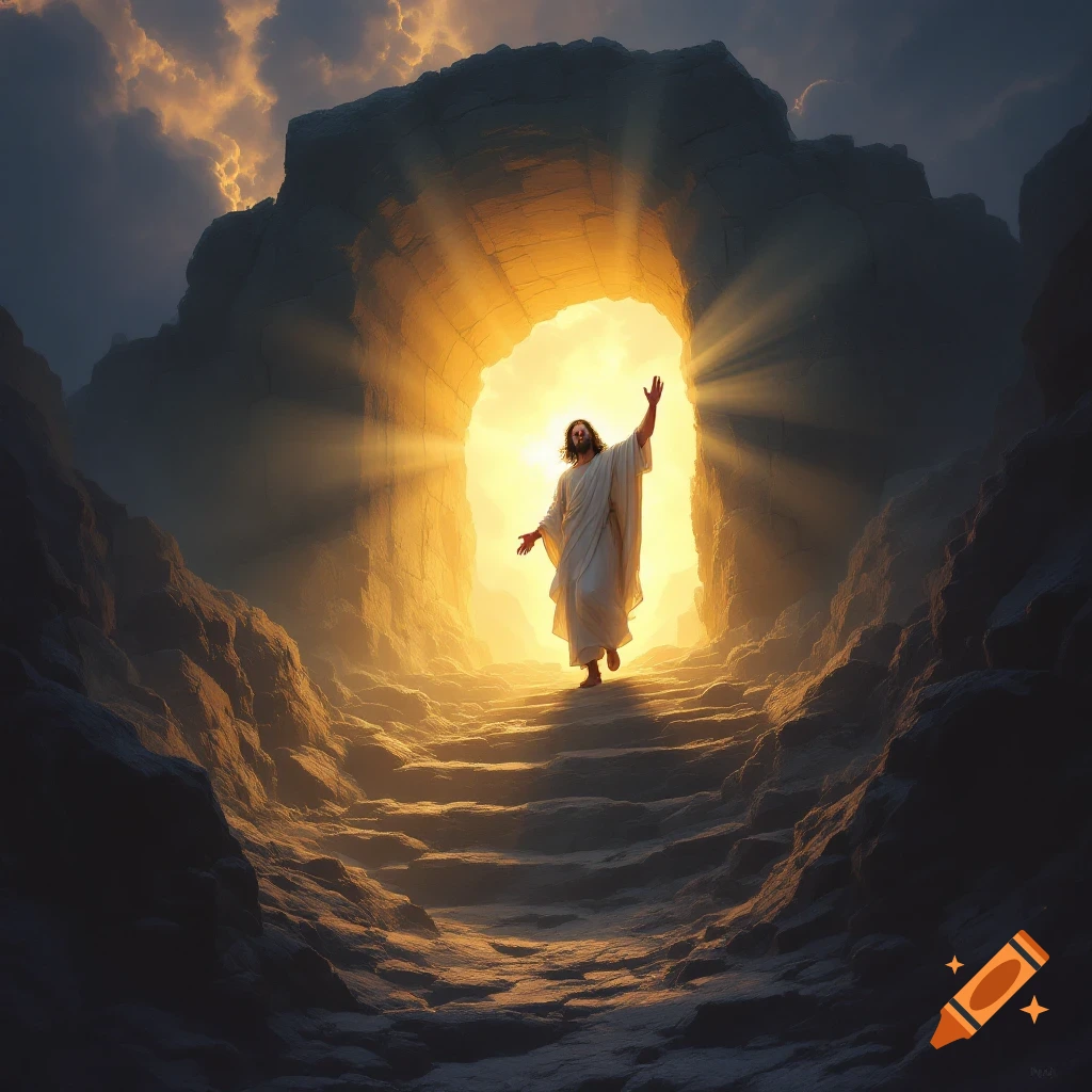 Image of Jesus walking out of a bright cave entrance on rocky steps, raising a hand.