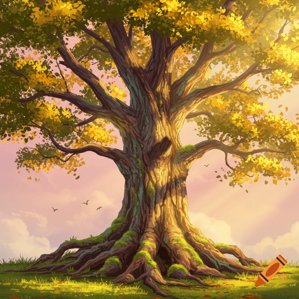 A large tree with exposed roots and yellow leaves is shown at sunset