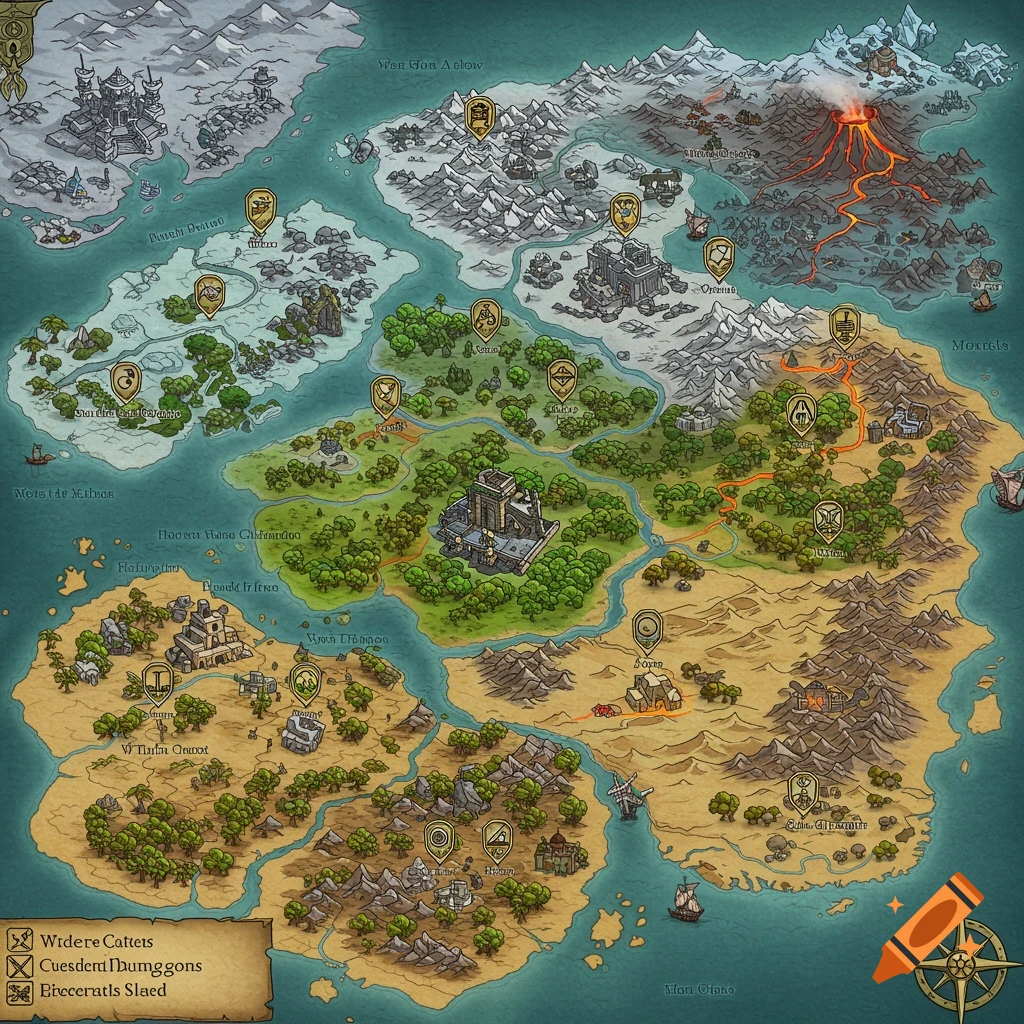A detailed fantasy RPG map showing diverse biomes including mountains, forests, deserts, and ice, with castles, towns, and pathways.