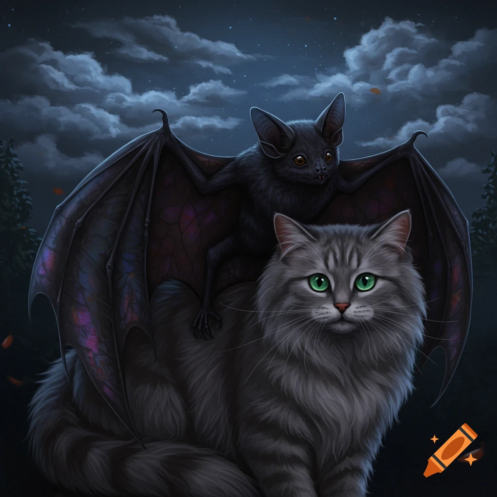 A gray cat with green eyes with a black bat perched on its back, against a dark night sky with clouds and stars.