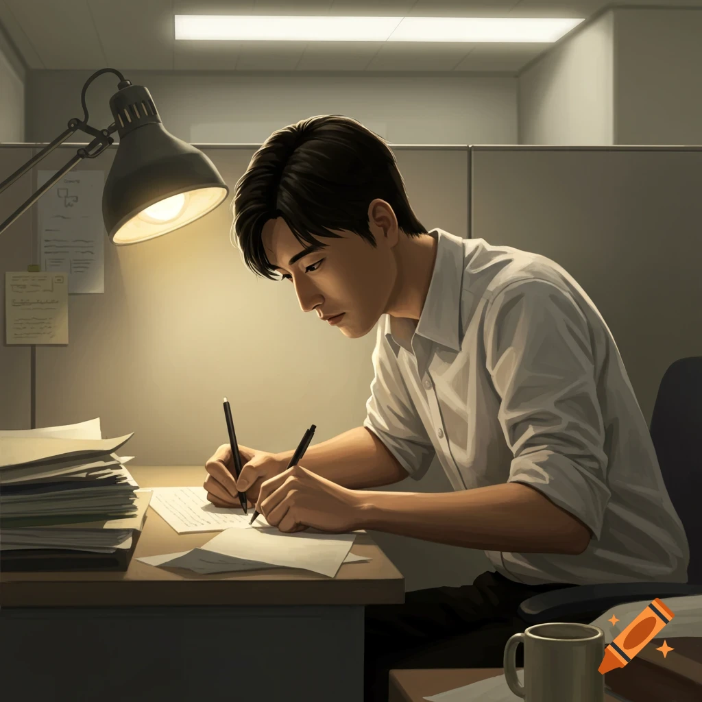 A person writing at a desk in a cubicle.