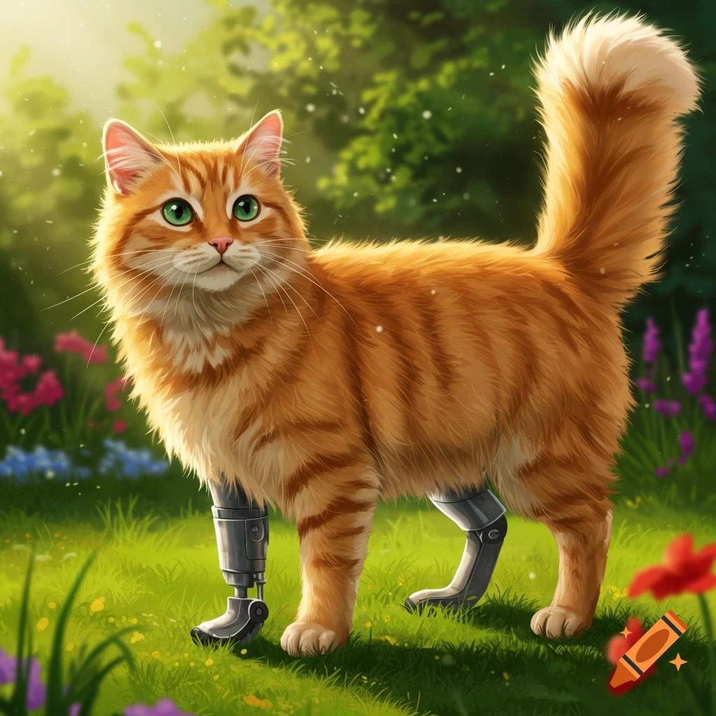 An orange cat with prosthetic back legs standing in a sunny field of flowers and grass.