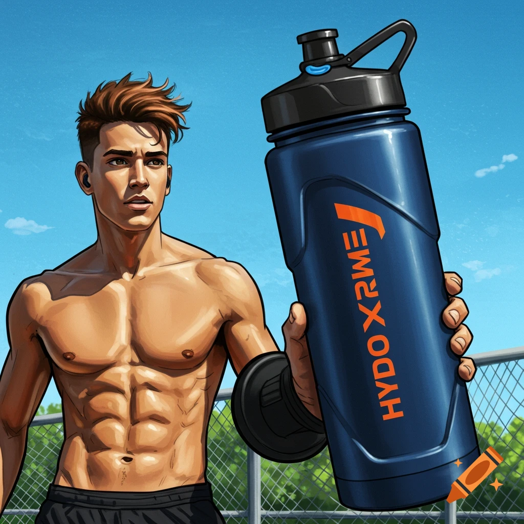 A muscular man is holding a large blue water bottle