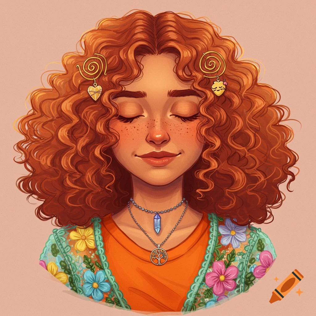 Illustration of young woman with curly red hair and freckles wearing a floral jacket and necklaces, eyes closed.