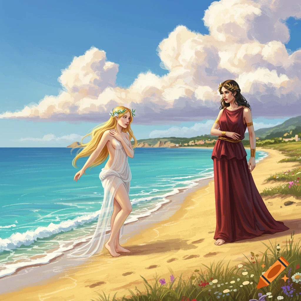 Two women in classical Greek attire on a beach by the sea