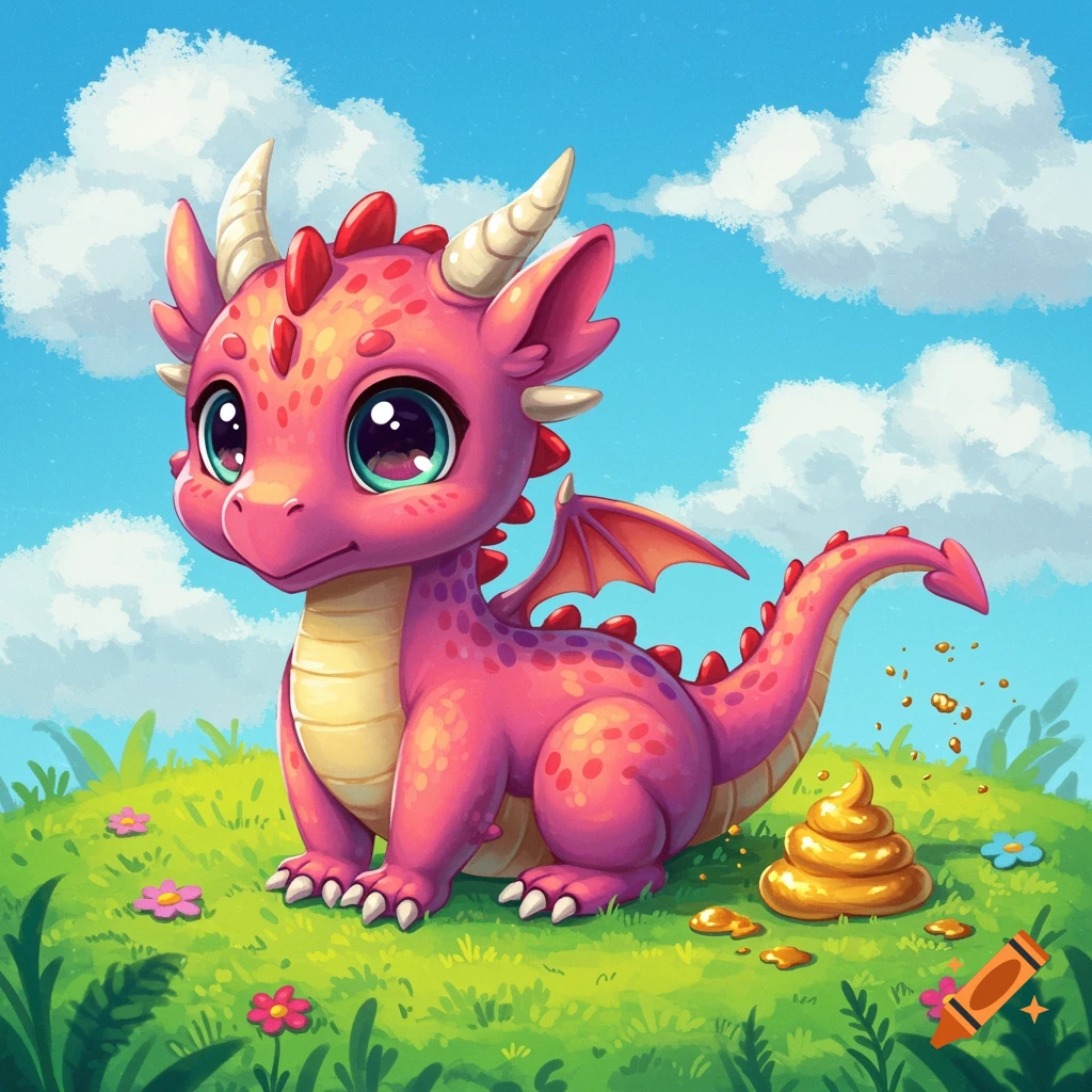 A cute pink cartoon baby dragon poops gold treasure on a grassy hill under a blue sky.