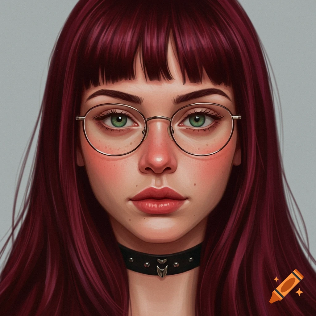 A close-up of a woman with long red hair, bangs, glasses, green eyes, and a black choker.