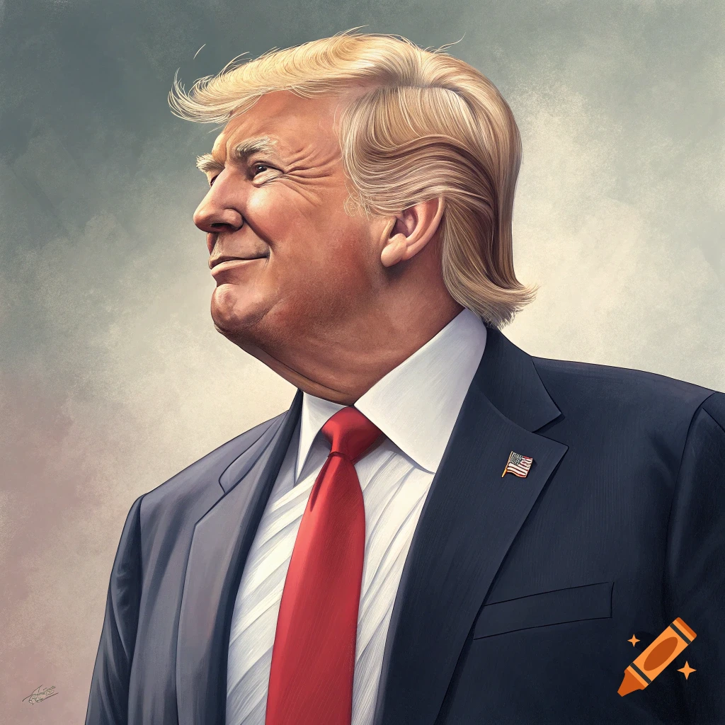 Stylized portrait illustration of Donald Trump looking left