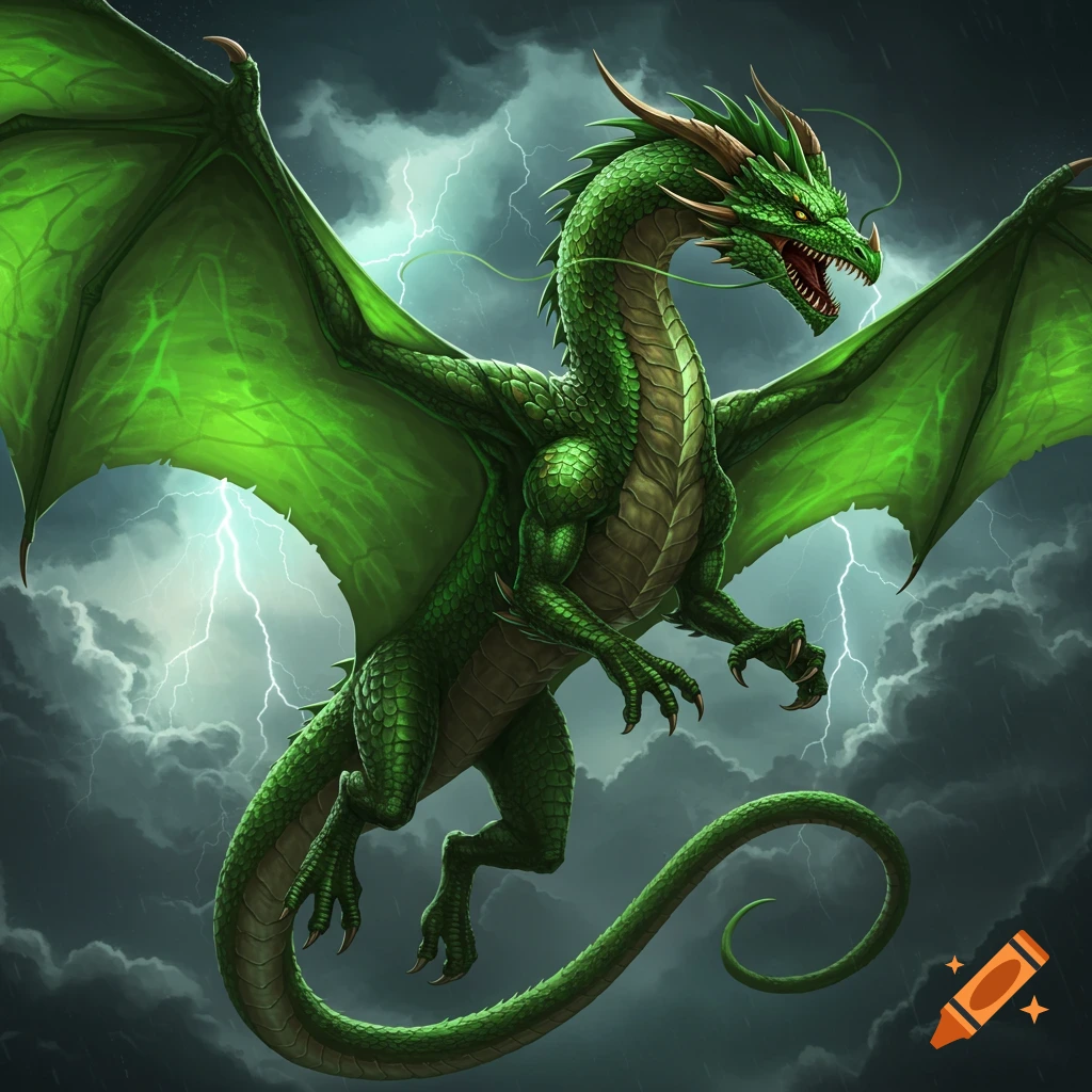Green dragon flies through a stormy sky with lightning