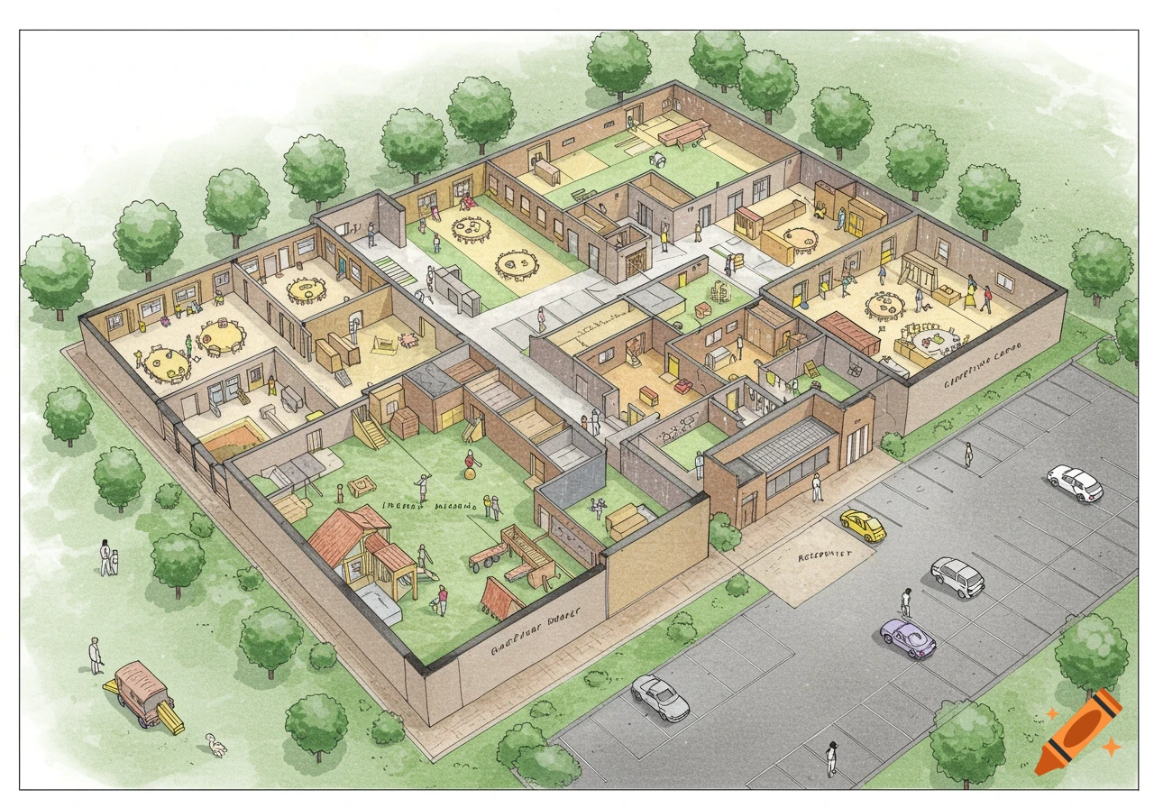 An isometric illustration showing the layout of a children's center with play areas, classrooms, and parking.