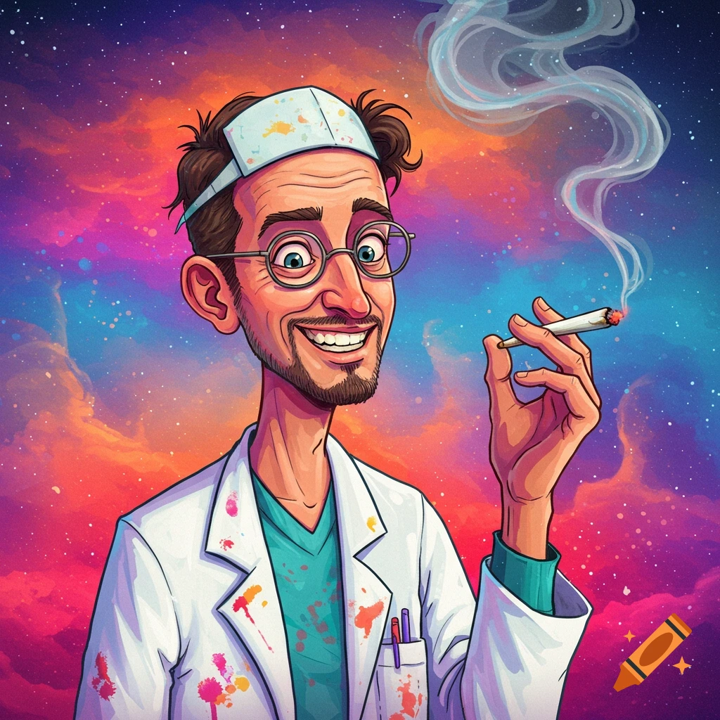 A stylized illustration of a doctor in a lab coat holding a cigarette or joint against a colorful background.