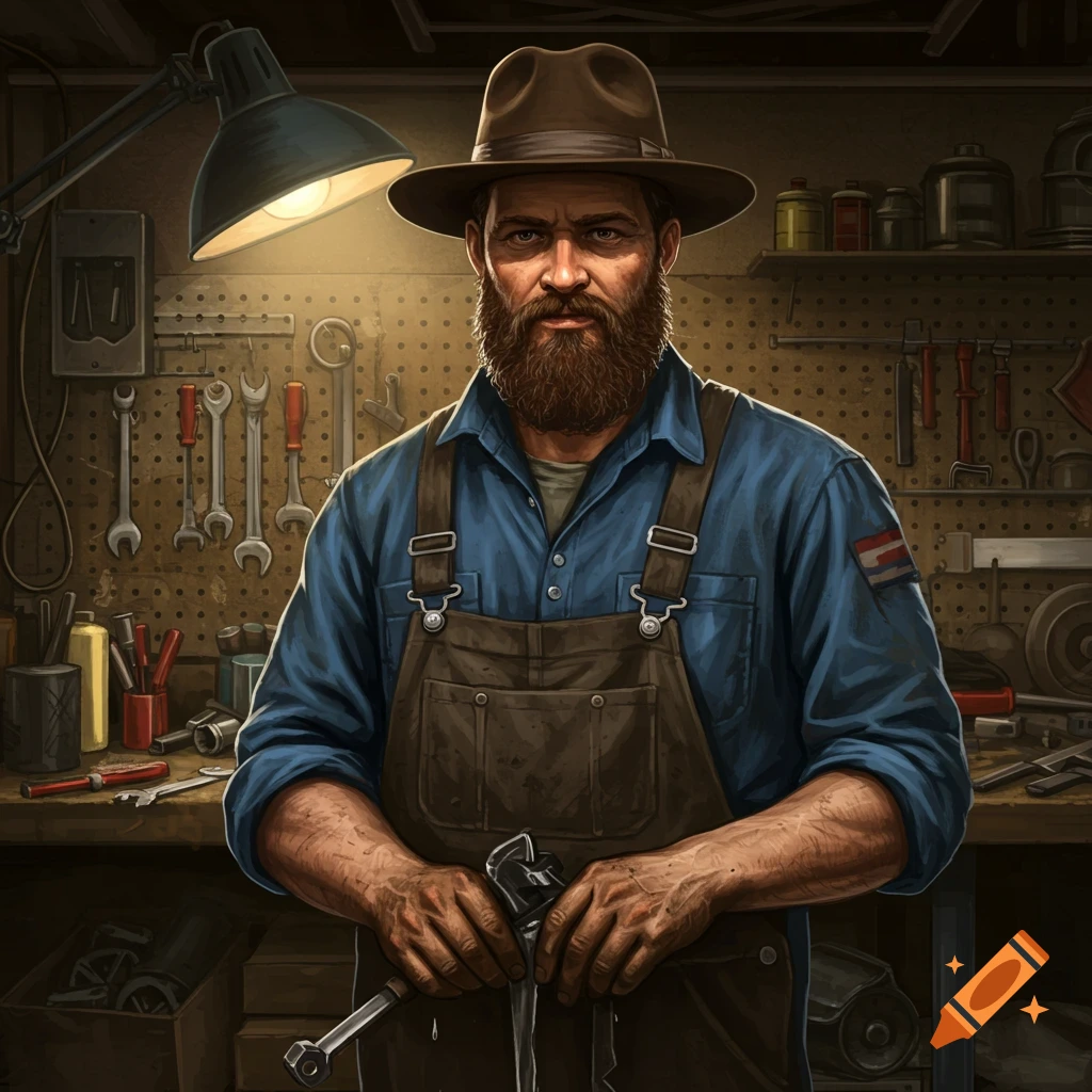 A bearded man in a hat and overalls holds a wrench in a workshop.