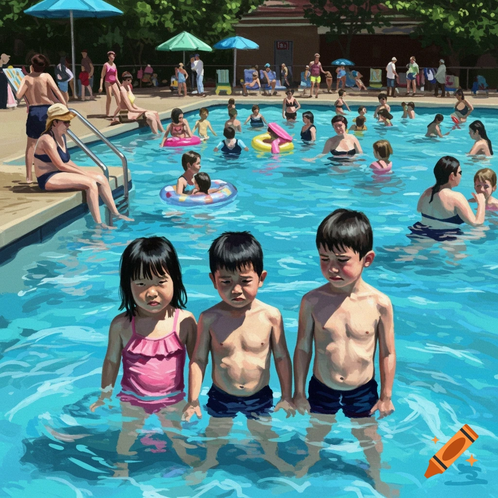 Three sad children stand in a crowded swimming pool.