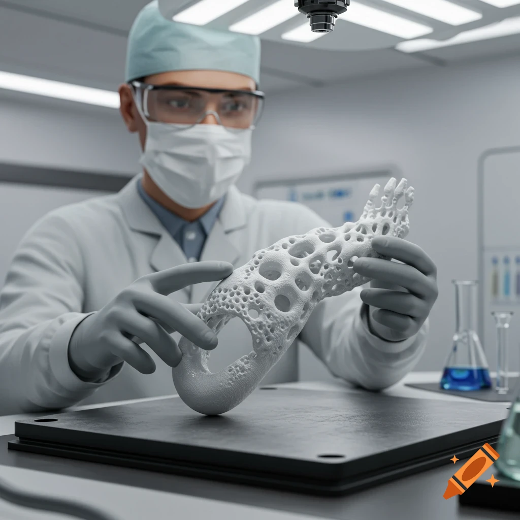 Scientist in a lab coat and mask examines a 3D-printed prosthetic in a laboratory.
