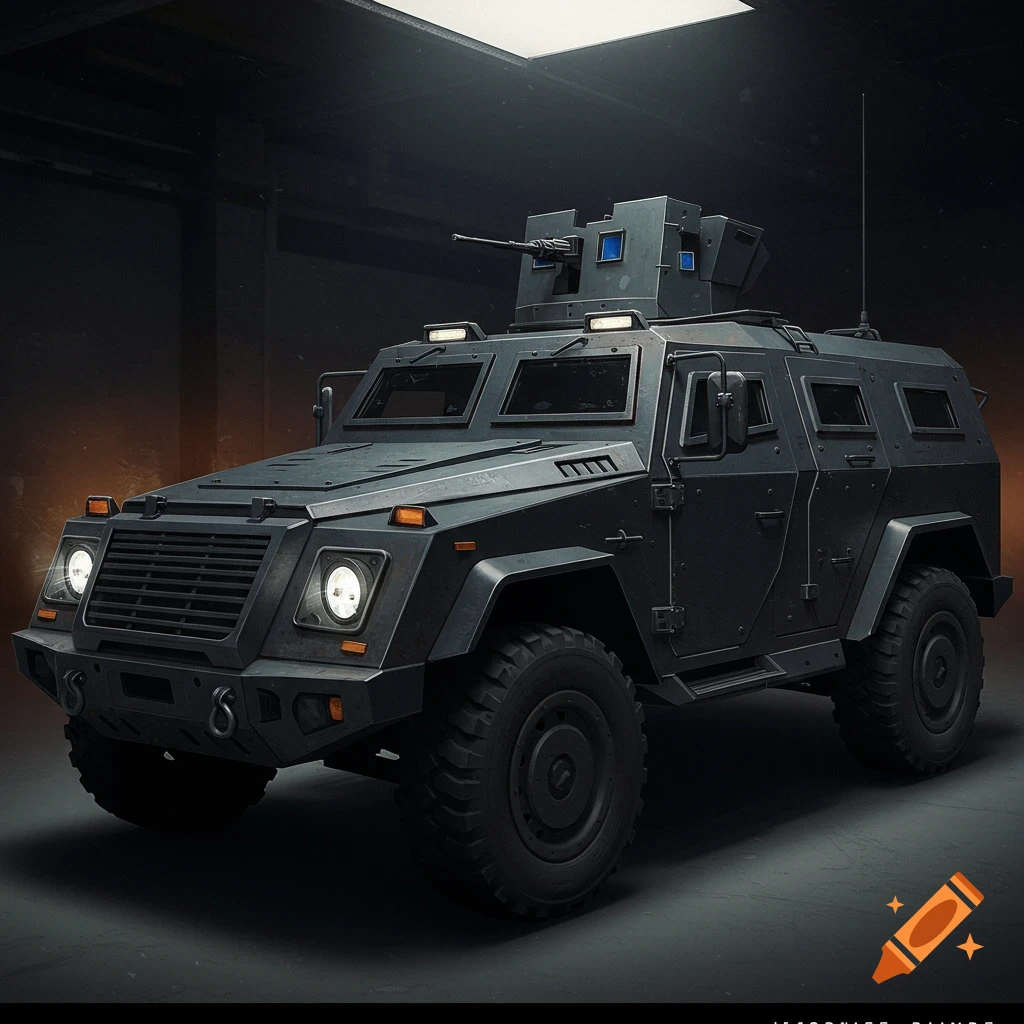 A dark armored vehicle is shown.