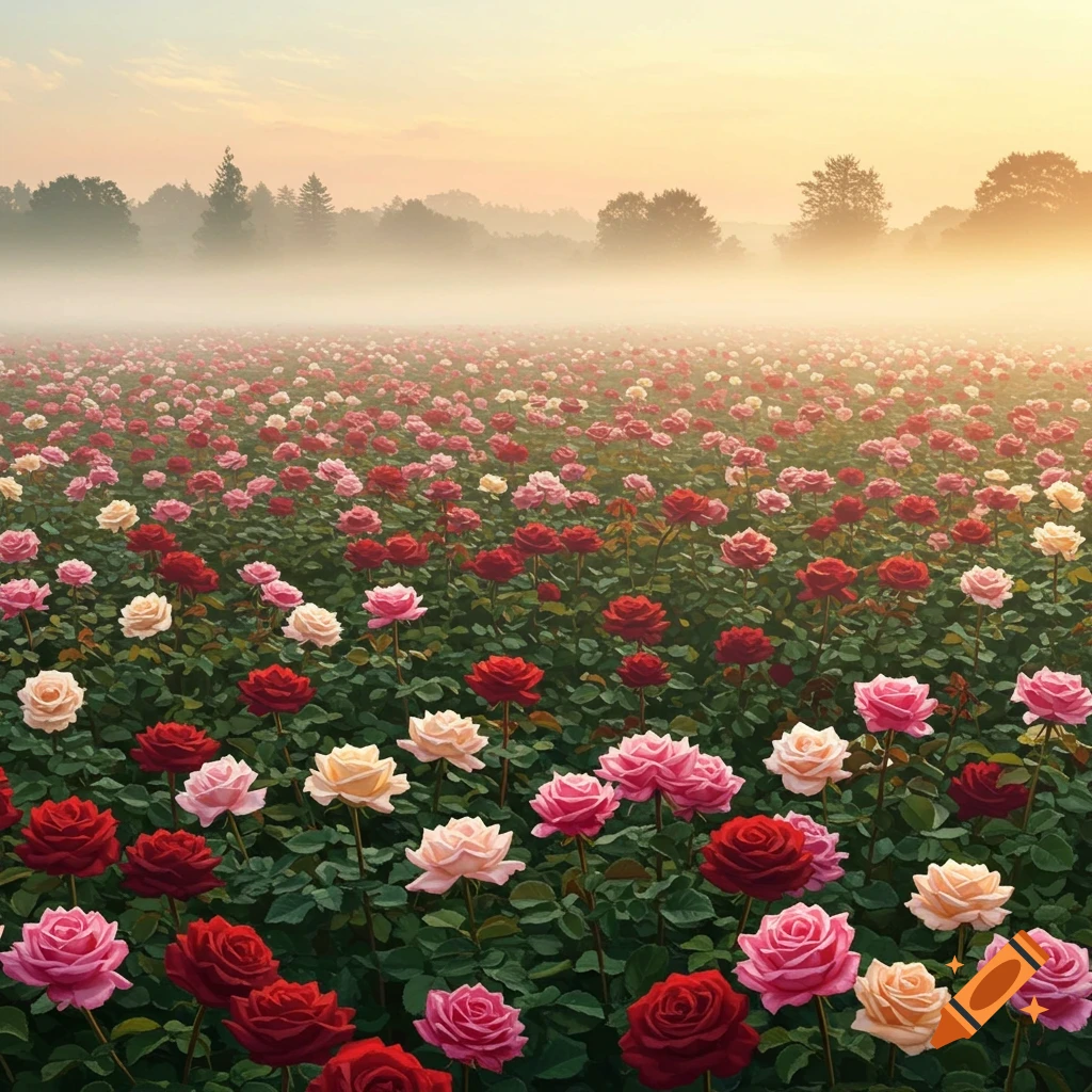 A large field of red, pink, and yellow roses in morning mist.