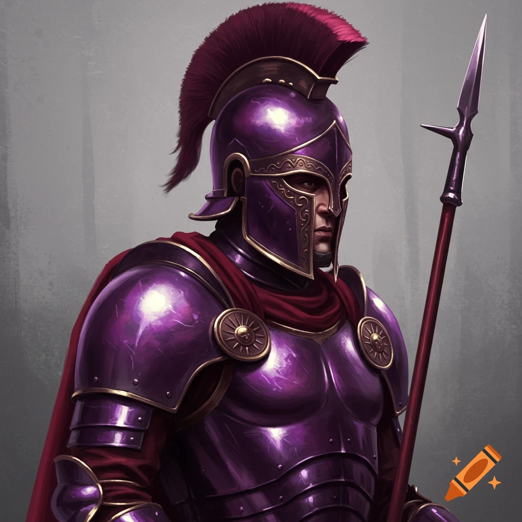 A Praetorian guard in purple armor holding a spear.