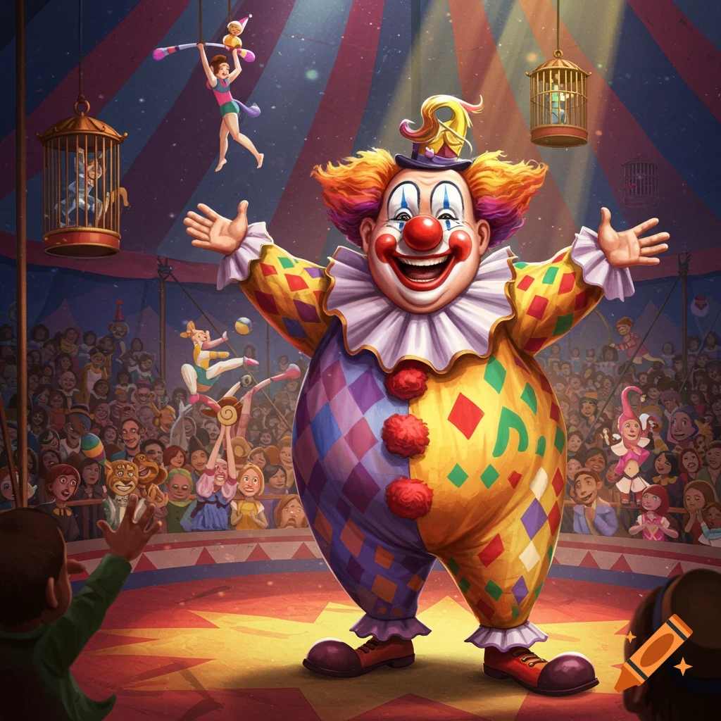 A happy clown on stage at a busy circus with performers and a large audience.