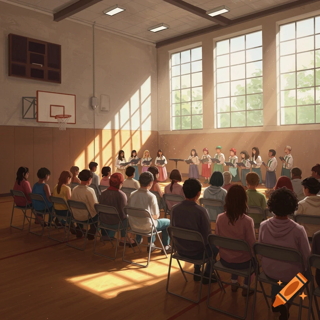 A choir performing on a stage in a gym before an audience.