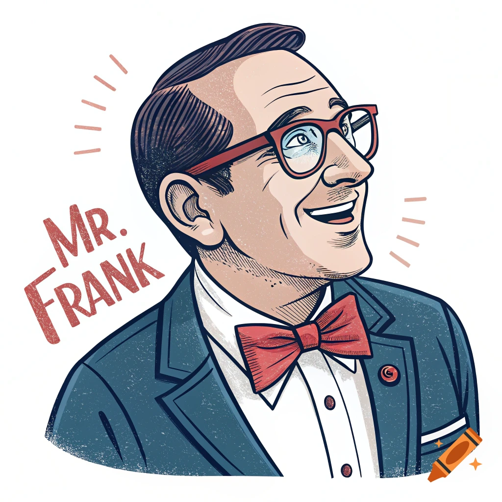 Clip art portrait of a smiling man in glasses and bow tie with 'MR. FRANK' text.