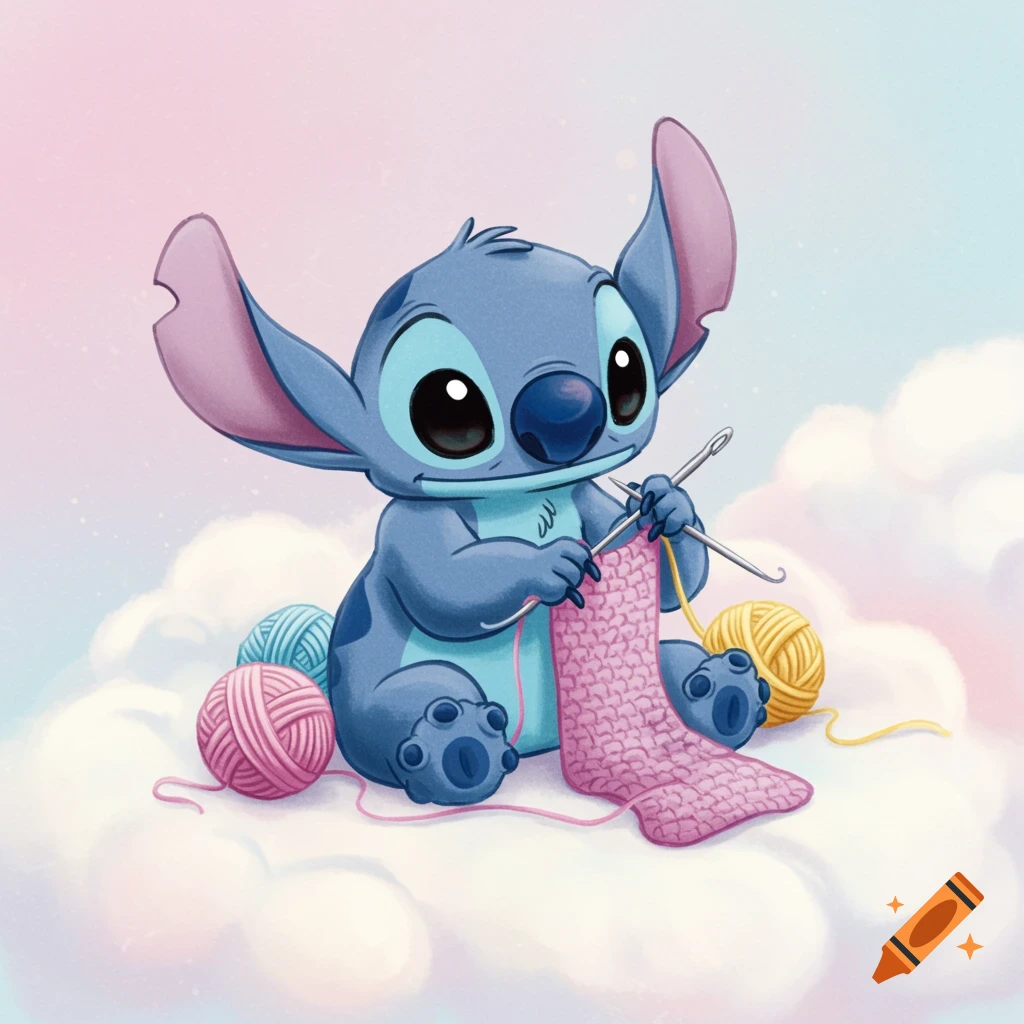 Watercolor illustration of Stitch crocheting on a cloud surrounded by yarn balls.