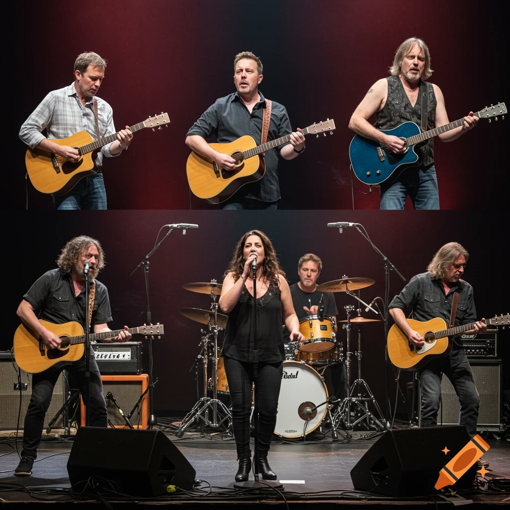 A 6-piece band including a female singer, guitarists, bass player, and drummer performs on stage.