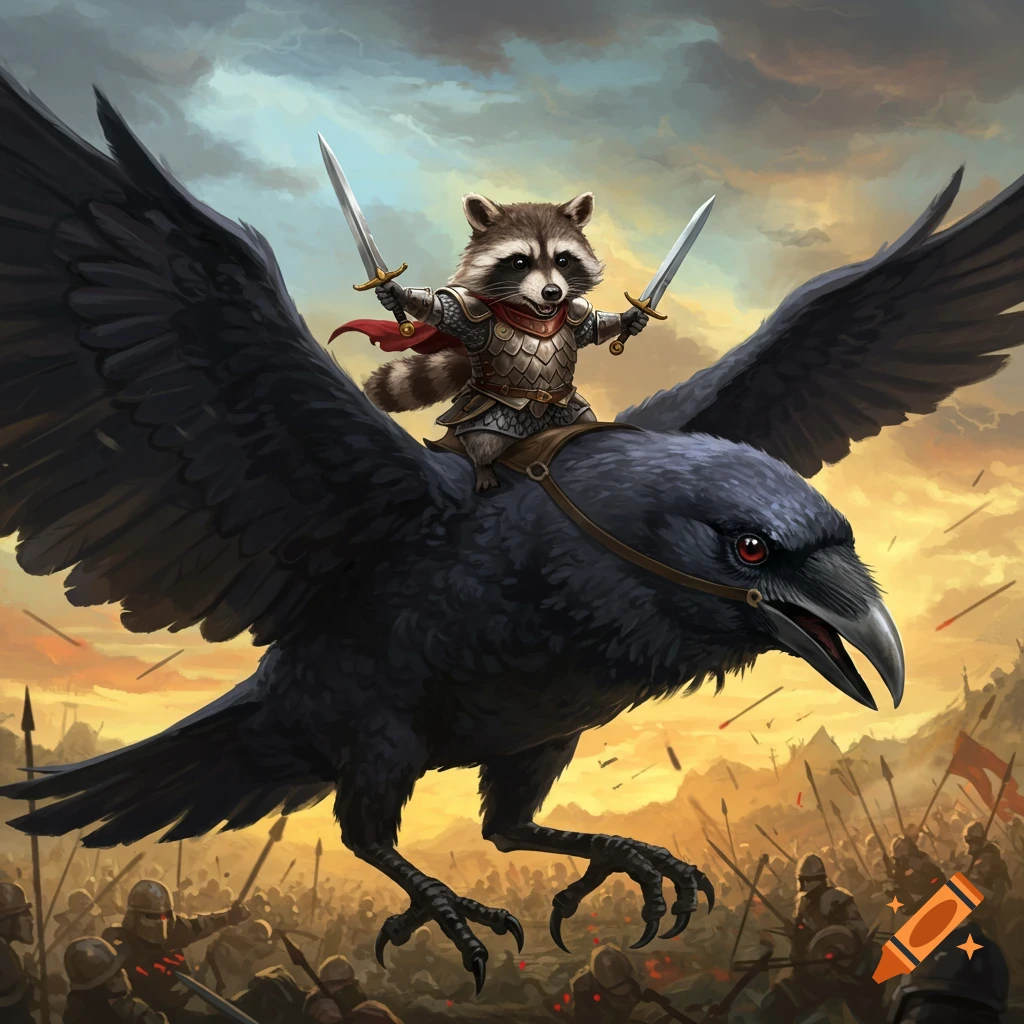 A raccoon in armor rides a large raven over a battlefield.