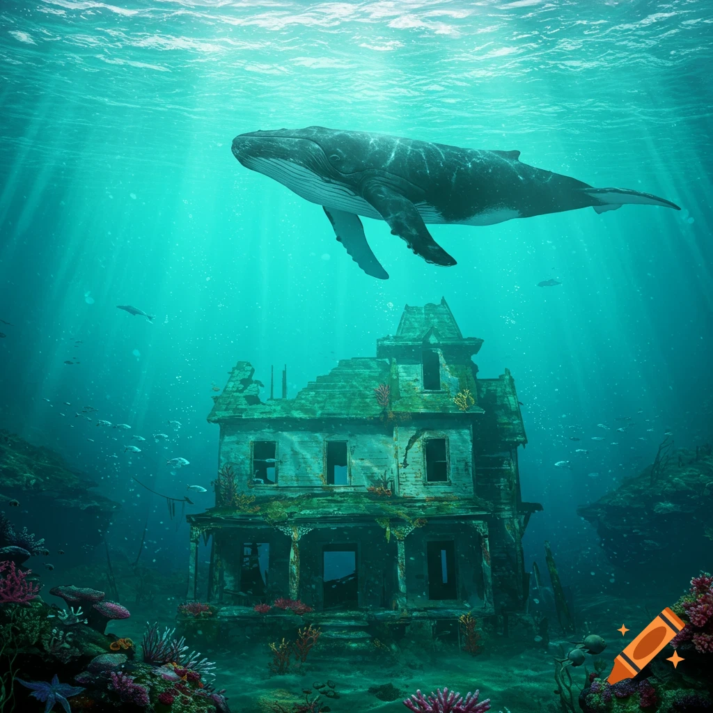 A humpback whale swims above a ruined house on the ocean floor with coral.