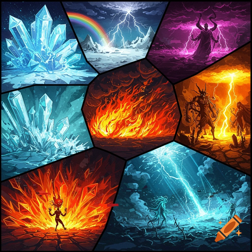 A collage of panels depicting elemental scenes: ice crystals, a rainbow with lightning, fire, and fantasy figures with lightning and dark magic.
