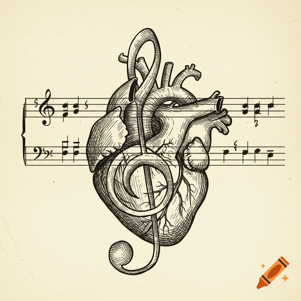 Sketch of an anatomical heart intertwined with a treble clef over musical staff lines.