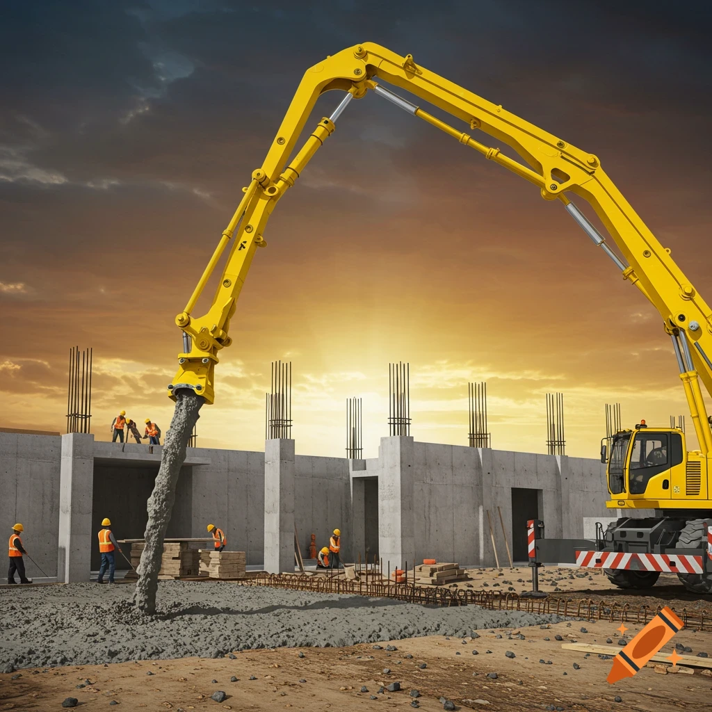 Concrete boom pump pours concrete at a construction site with workers under a dramatic sky.