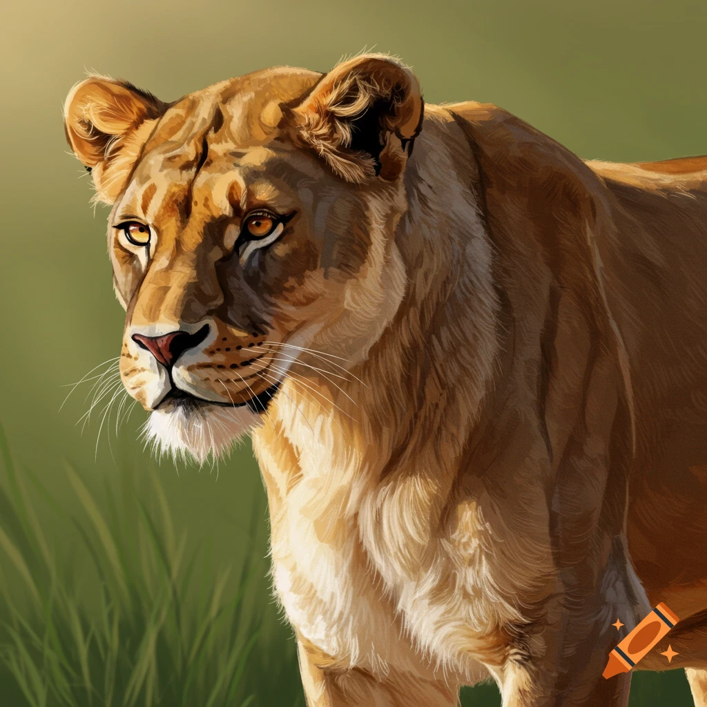 A detailed depiction of a lioness standing in tall grass.