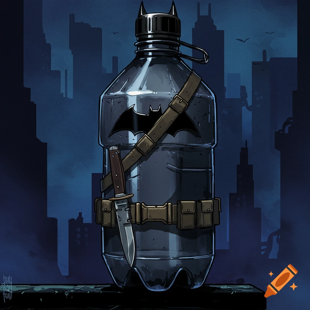 Illustration of a water bottle dressed as Batman with a knife against a dark city skyline.