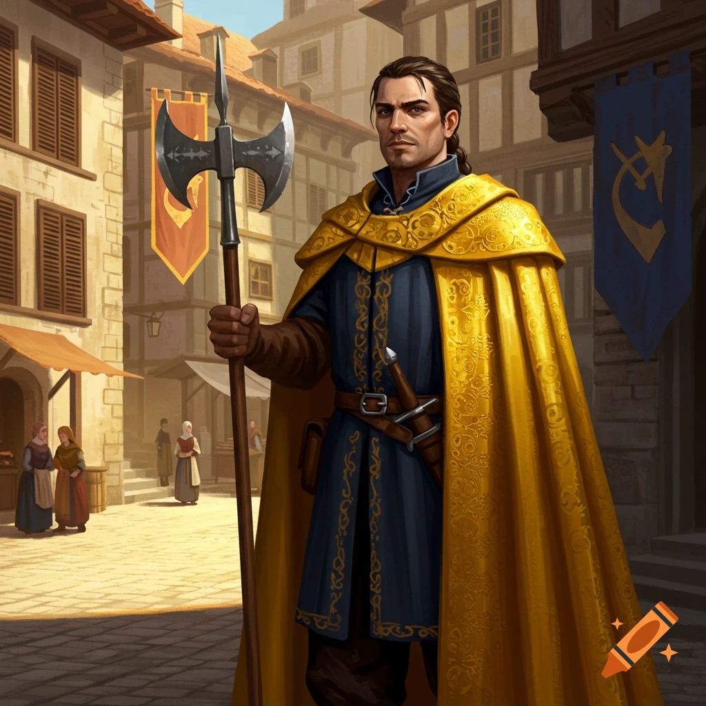 A man in a blue tunic and gold cape holds an axe in a medieval town.