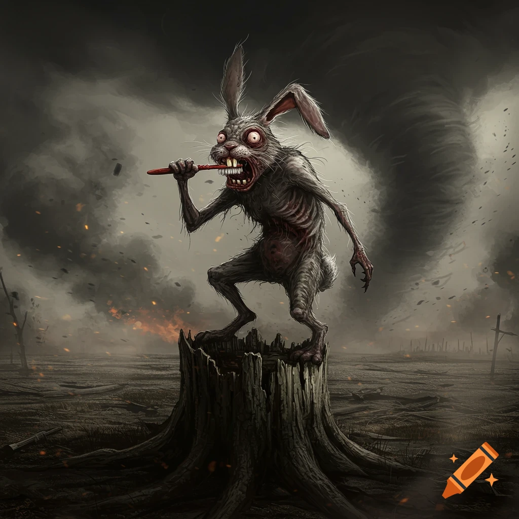 A rabid rabbit brushes its teeth with a carrot on a tree stump in a smoky wasteland with a tornado.