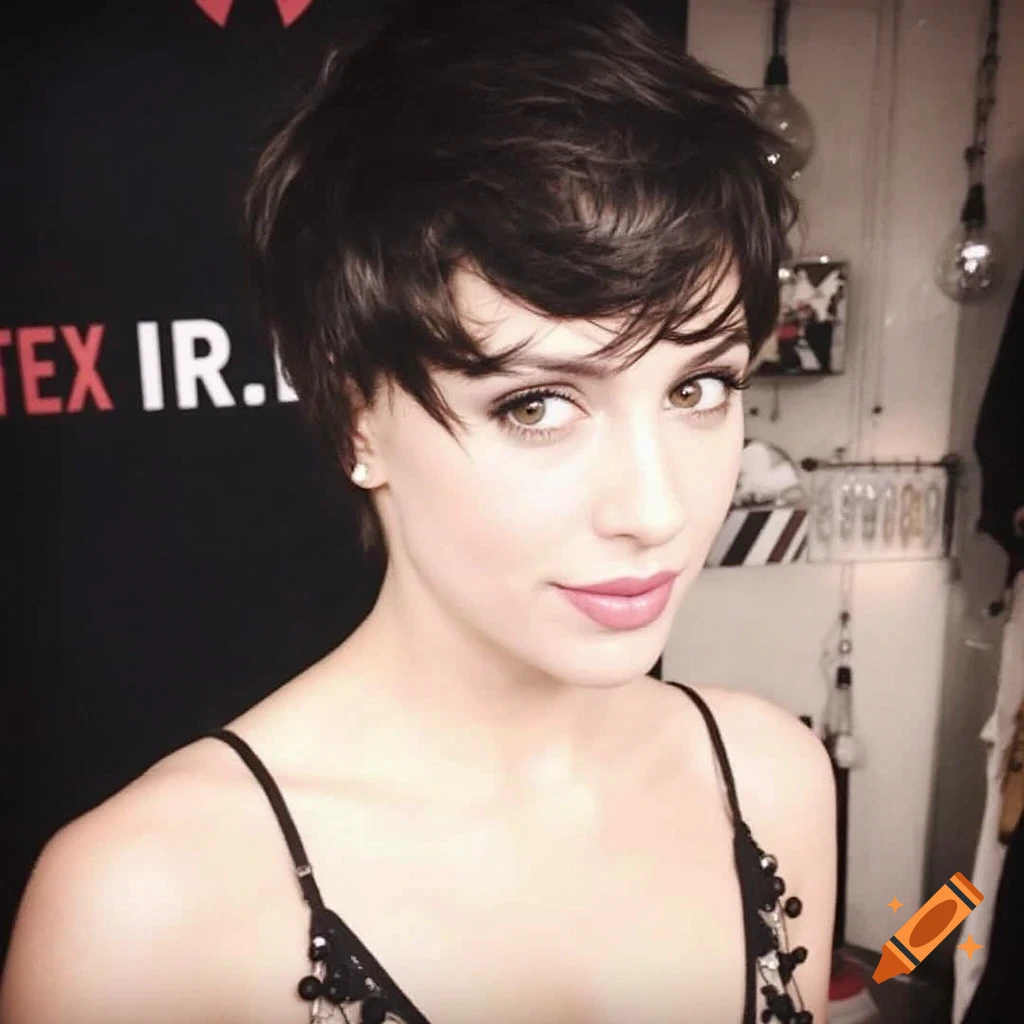 A woman with a short pixie cut and bangs looks forward.
