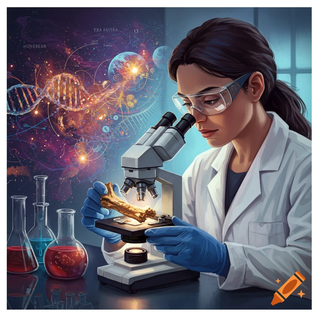 A scientist looks through a microscope, with DNA strands and cosmic elements in the background.