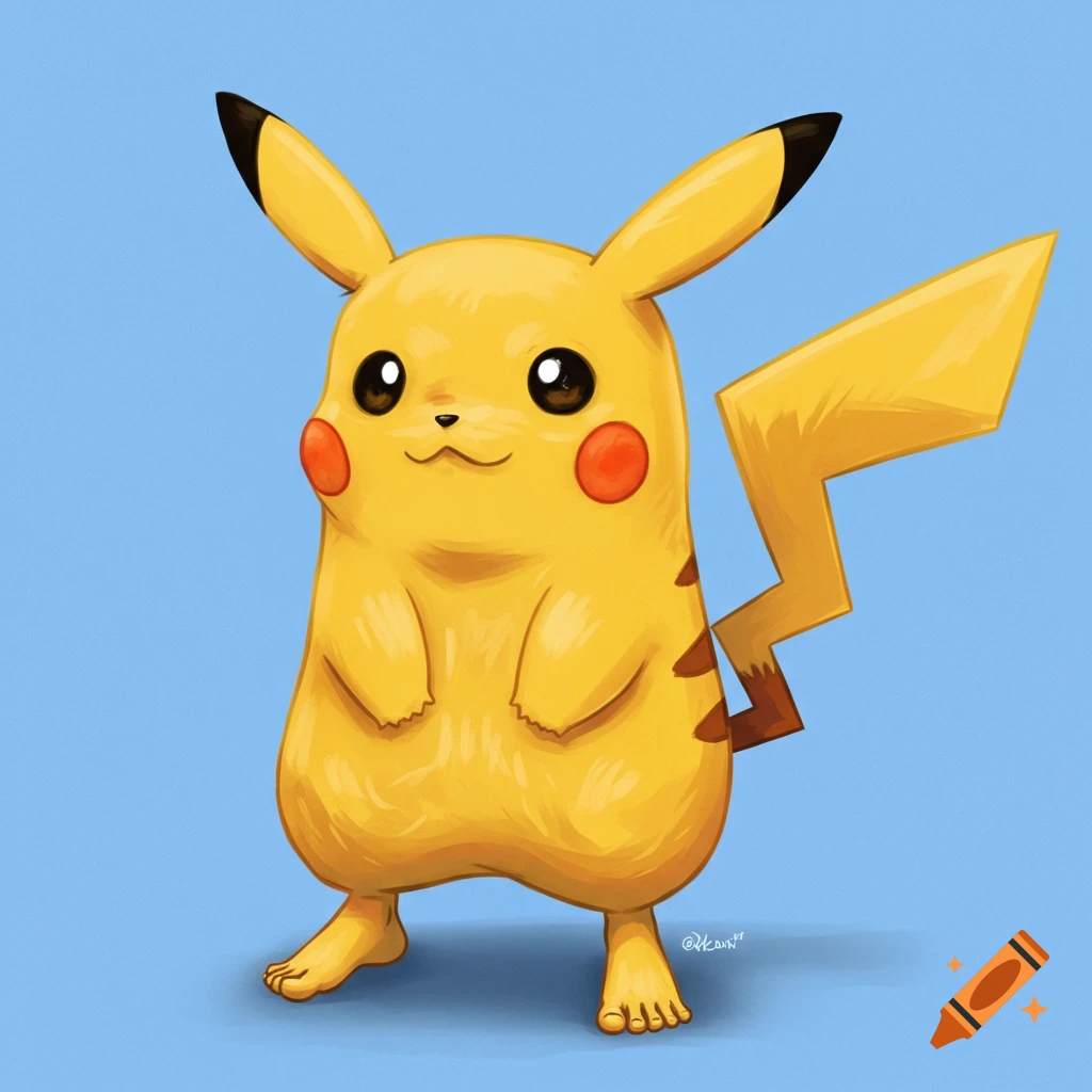 A depiction of the Pokemon Pikachu standing with human legs and feet against a blue background.