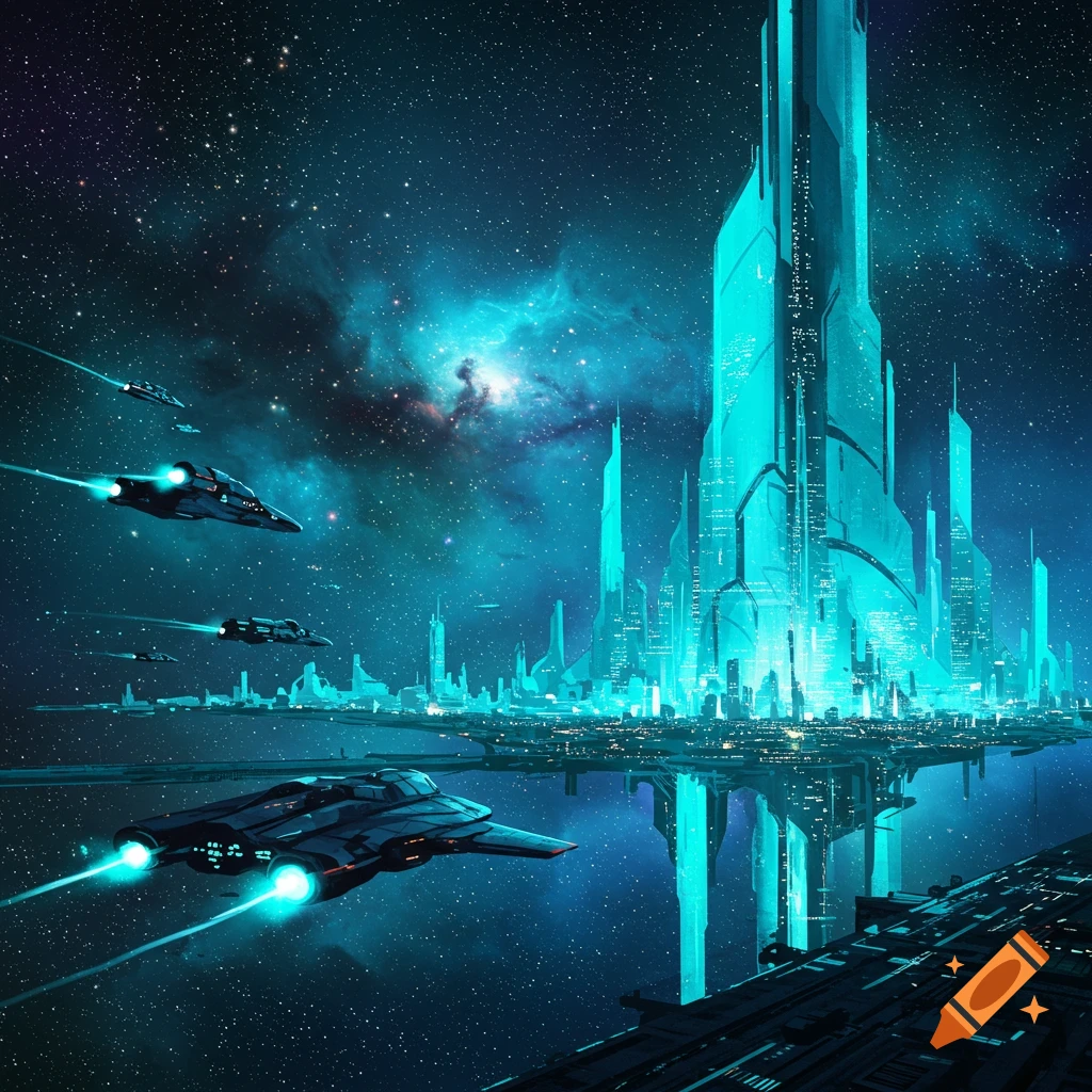 A futuristic cyan city in space with spaceships flying by.