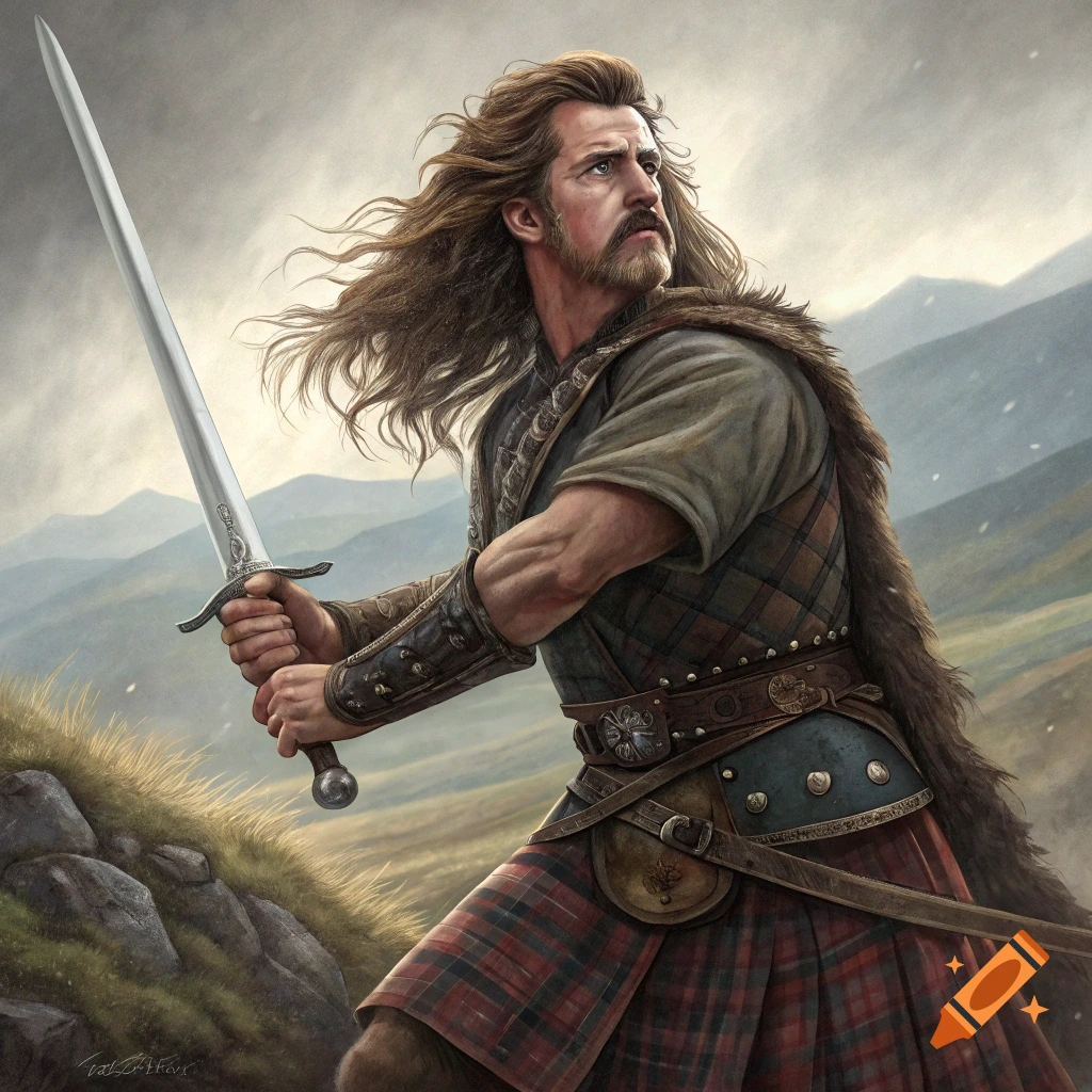 A man dressed as a Scottish warrior stands in the mountains holding a sword.
