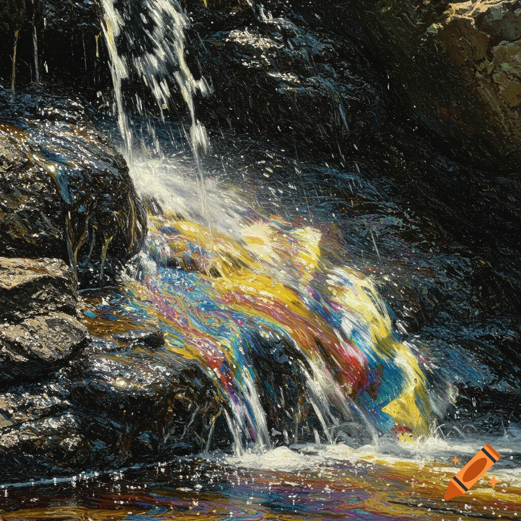 a waterfall with colorful oil mixing with water