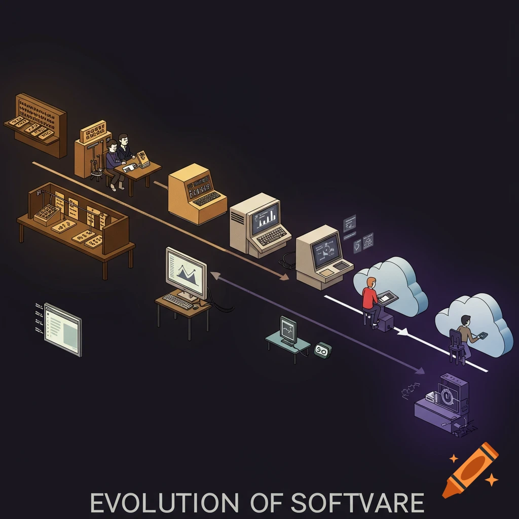 Isometric illustration showing the evolution of software from early computers to cloud computing