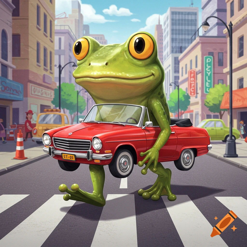 A giant frog with human feet carries a red convertible car across a city street crosswalk.