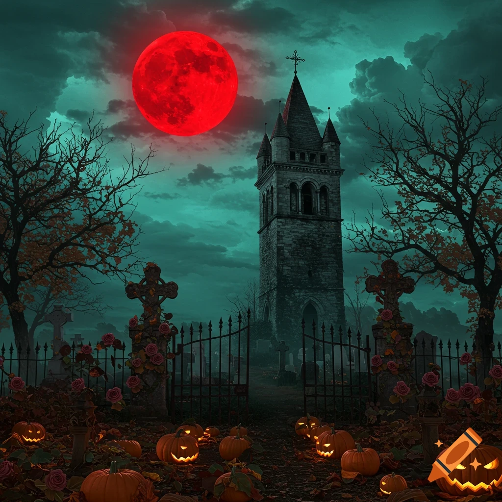 Halloween graveyard with a red moon, creepy trees, a tower, and glowing jack-o'-lanterns.