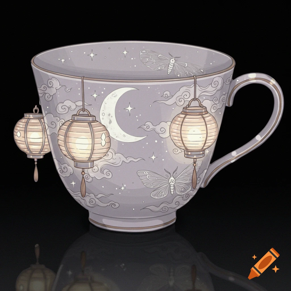 Illustration of a fancy teacup decorated with lunar moths, lanterns, a moon, and stars.