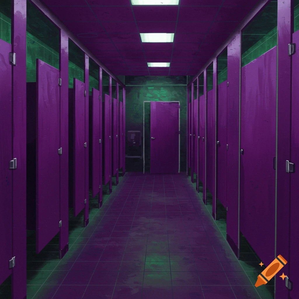 A dark public bathroom hallway with purple stalls and green walls and tiles