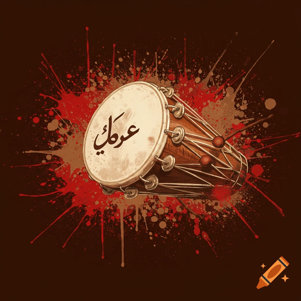 A darbuka drum with red and brown paint splatters on a dark brown background.
